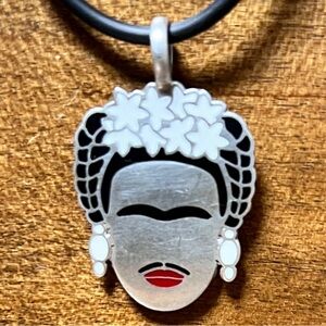Freida Kahlo Portrait Mexico Pendant Necklace Black Cord Sterling Silver 925